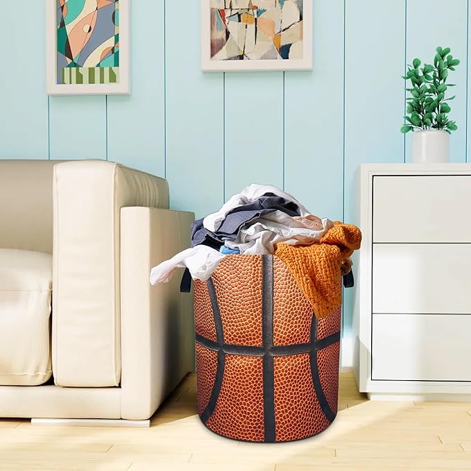 Basketball Laundry Basket Oxford Cloth Ball Texture Laundry Hamper With Handle Foldable Portable Clothes Storage Basket 18.9 X 16.5 Inch Storage Bag For Laundry Room/Bathroom/Bedroom/Dormitories