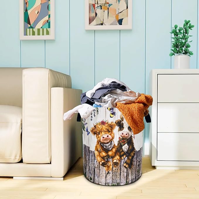 Highland Cow Laundry Basket Cute Calf Oxford Cloth Laundry Hamper With Handle Foldable Portable Clothes Storage Basket 18.9 X 16.5 Inch Storage Bag For Laundry Room/Bathroom/Bedroom/Dormitories