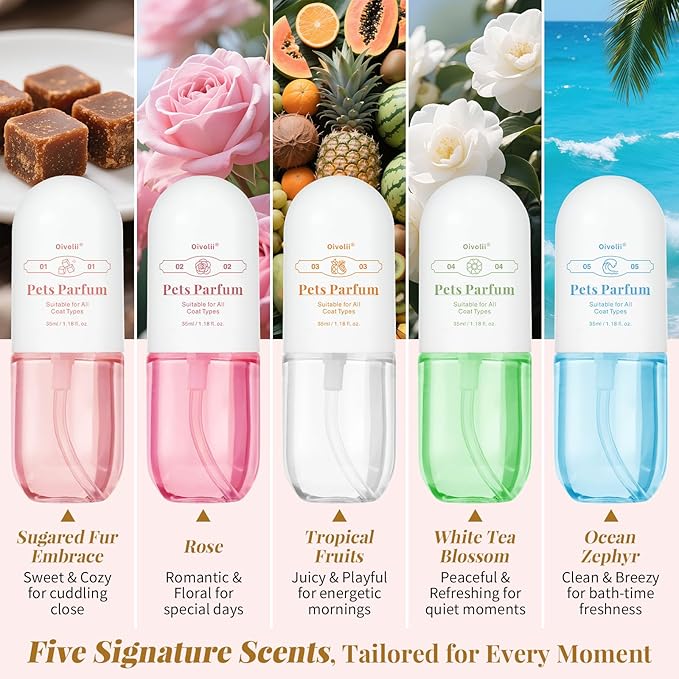 Dog Cologne & Pet Perfume Gift Set – 5 Long Lasting Scents for Dogs & Cats – Natural, Alcohol-Free Pet Fragrance – Safe Deodorizing Grooming Mist for Puppies & Kittens