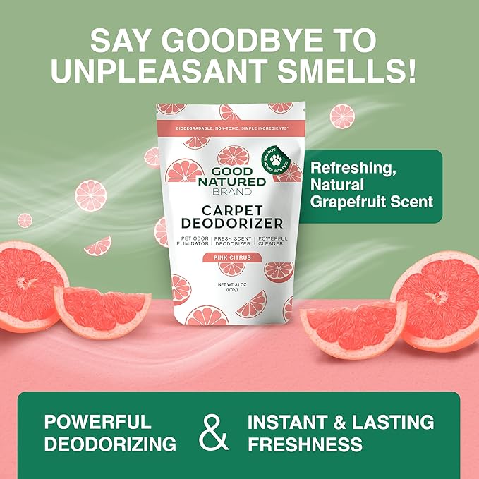 Good Natured Brand | Carpet Deodorizer & Freshener Powder | 31 oz Pet Odor Eliminator for Strong Odor & Pet Urine | Fresh Natural Pink Citrus Scent | Safe for Homes with Pets
