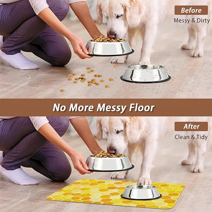 Honeycomb Bee Geometric Dog Food Mat for Floors,Absorbent Quick-Dry Pet Feeding Mat,Cat Dog Bowl Mats for Food and Water,Non-Slip Pet Accessories Supplies 12"x20"