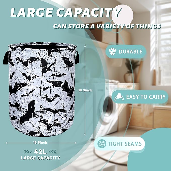 Black White Bats Laundry Basket Foldable With Handles Universal Tote Bag Oxford Cloth Funny Laundry Hamper 18.9" x 16.5" Clothes Storage Bucket Toy Organizer For Bathroom/Laundry/Bedroom