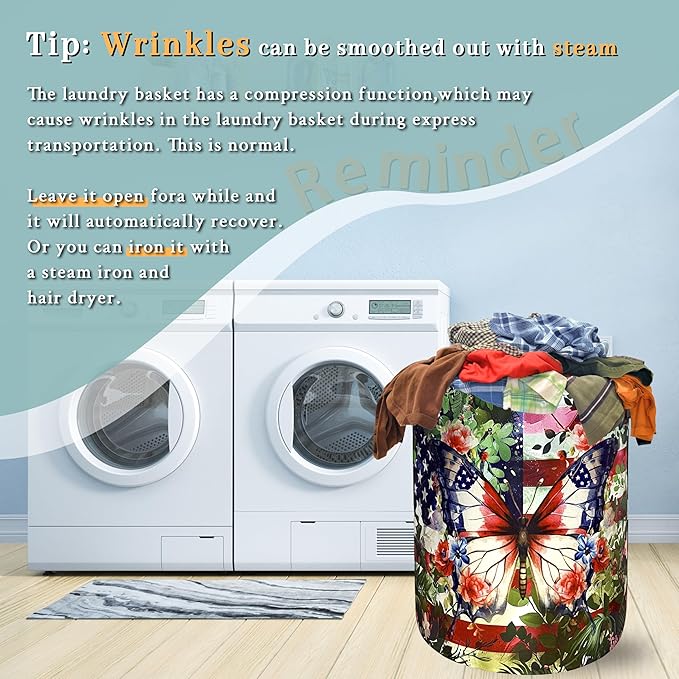 Beautiful Butterfly American Flag Laundry Basket Foldable Oxford Cloth Laundry Hamper With Handle Portable Clothes Storage Basket 18.9 X 16.5 Inch Storage Bag For Laundry Room/Bathroom/Bedroom