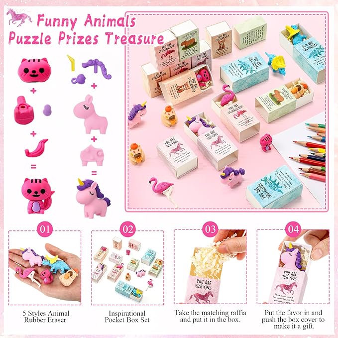 30 Sets Emotional Support Desk Pets Bulk Animal Erasers Desk Pets Positive Affirmation Puzzle Pencil Eraser Toys Gifts with Box Raffia for Students School Classroom Party Favors (Animals)