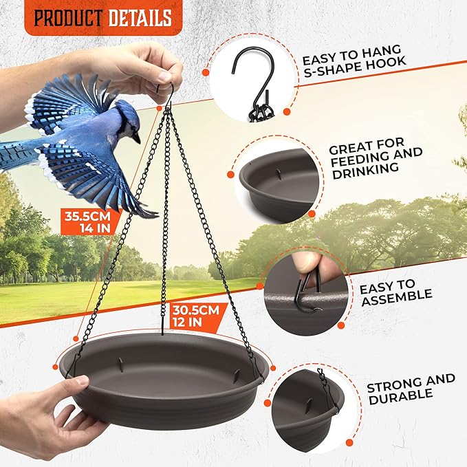 Magerdy Fields 12 Inch Hanging Bird Bath for Outside - 3 Chains with an S Hook - Microfiber Cleaning Cloth and Brush - Hanging Bird Feeder, Plastic birdbaths Bowl for Outdoors, Backyard Birding