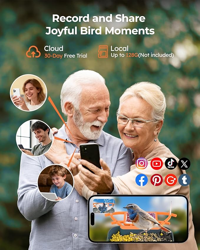 2-in-1 Bird Bath and Bird Feeder with Cameras Solar Powered 2K Dual Cameras Birds Feeder and Bath for Outside Yard Garden, Gift for Dad Mom Kids (Deep Blue + Orange)