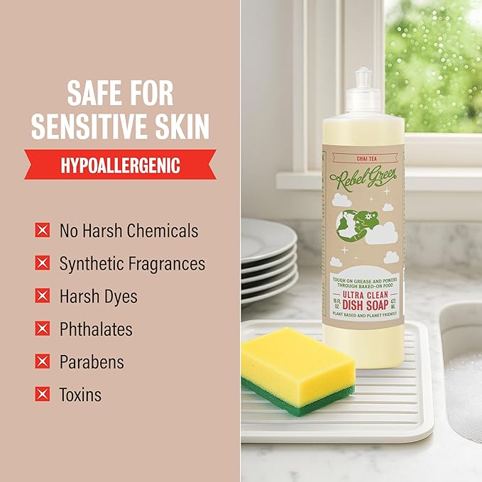 Rebel Green Super Deluxe Dish Soap - Natural Dishwashing Soap - Liquid Dish Detergent - Sustainable Dish Liquid Scented with Chai Tea - (16 oz Bottles, 2 Pack)