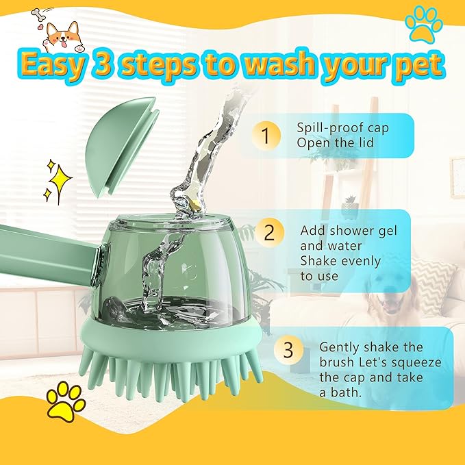 2025 New Pet Bath Brush, Dog Bath Brush, Dog Grooming Massage Brush with Built-in Shampoo Dispenser for Long and Short Hair (Green)