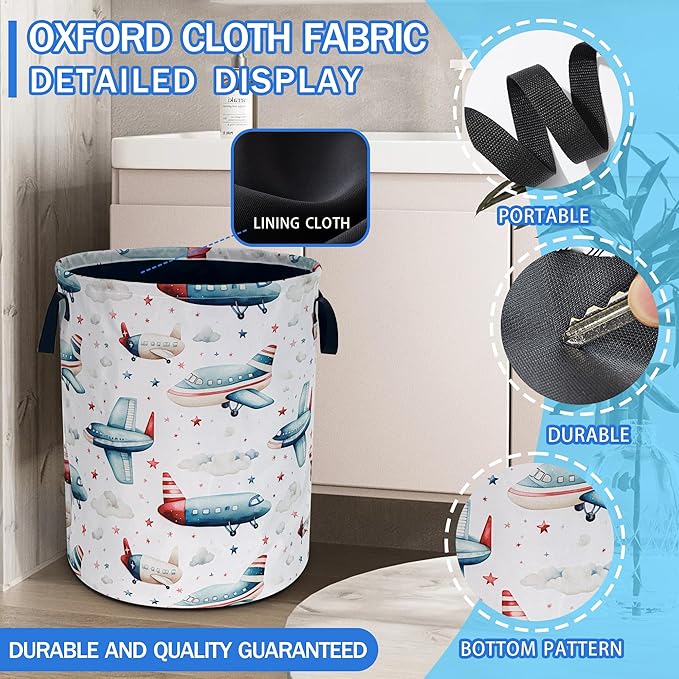 Airplane Laundry Basket Oxford Cloth Aircraft Cartoon Laundry Hamper With Handle Foldable Portable Clothes Storage Basket 18.9 X 16.5 In Storage Bag For Laundry Room/Bathroom/Bedroom/Dormitories