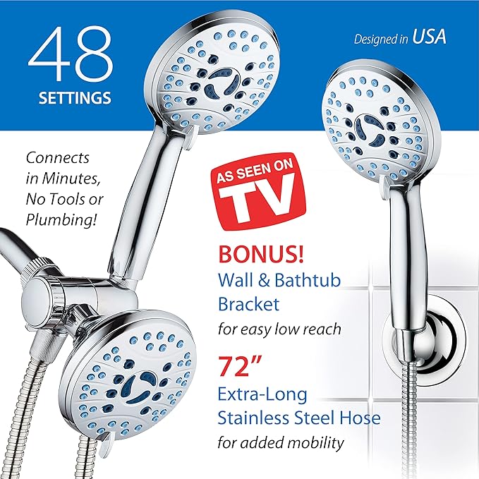Hotel Spa AquaCare As-Seen-On-TV High Pressure 48-setting Rain & Handheld 3-way Shower Head Combo - Anti-clog Nozzles/Tub, Tile & Pet Power Wash/Extra Long 6 ft. Hose/All Chrome Finish