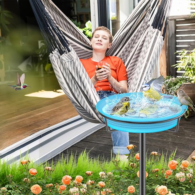 35.5In Freestanding Birdbaths Bowl Outdoor, Free Standing Garden Bird Bath Bird Feeder Bowl with Metal Stake, Detachable Decoration Spa Birdfeeder for Garden Patio Yard Lawn, 4 Spiky Feet (Blue)