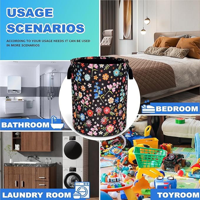 Beautiful Flower Laundry Basket Oxford Cloth Funny Floral Laundry Hamper With Handle Foldable Portable Clothes Storage Basket 18.9 X 16.5 In Storage Bag For Laundry Room/Bathroom/Bedroom/Dormitories