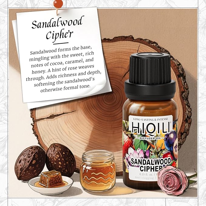 HIQILI Sandalwood Cipher Diffuser Oil, Ideal for Scent Diffuser, Car Air fresheners, Relaxing & Cozy, Long Lasting - 0.34 Fl Oz