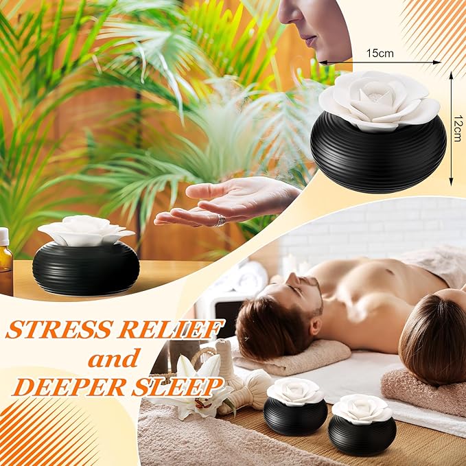 Honeydak 2 Pcs Flower Passive Essential Oil Diffuser Stone White Ceramic Porcelain Floral Diffuser with Container Non Electric Handmade Decorative Tabletops Home Decoration Christmas (Rose)