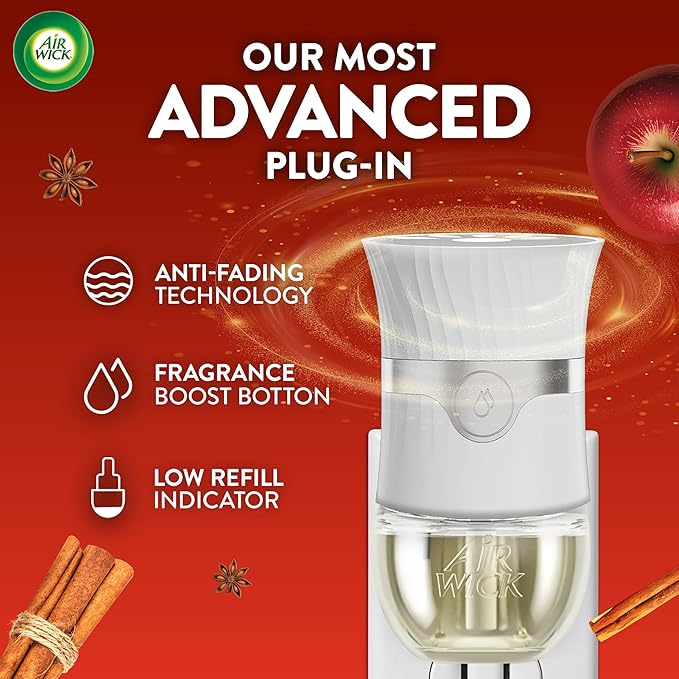 Air Wick Plug In Scented Oil Refill, Infused with Essential Oils, Plug In Air Fresheners for Home, Fall Scent, Fall Décor, Apple Cinnamon Medley, 4 ct