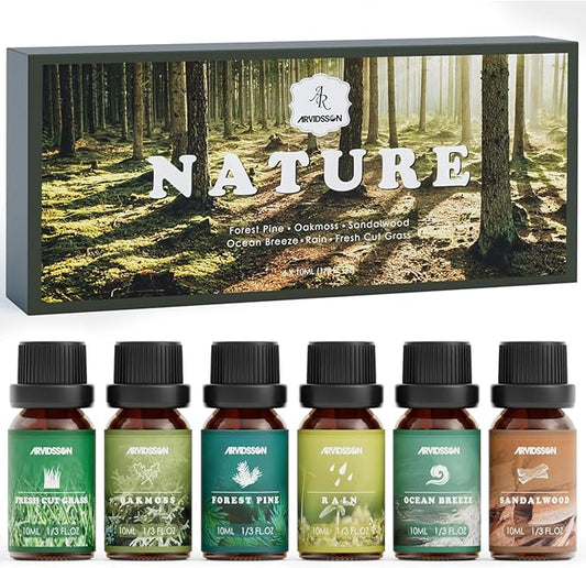 Nature Essential Oils Set, ARVIDSSON Natural Fragrance Oils for Candle Making, Fresh Cut Grass, Ocean Breeze, Rain, Pine, Sandalwood, Oakmoss, Diffuser Scented Oils