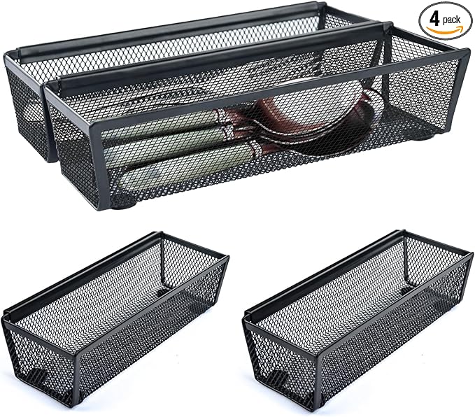 4PCS Drawer Organizer, Mesh Drawer Organizer with Interlocking Arm for Utensil, Cosmetic, Flatware, Pen (9 * 3 * 2 Inches, Black)