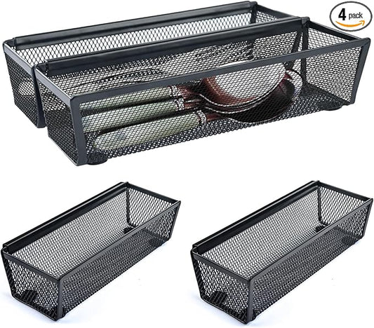 4PCS Drawer Organizer, Mesh Drawer Organizer with Interlocking Arm for Utensil, Cosmetic, Flatware, Pen (9 * 3 * 2 Inches, Black)