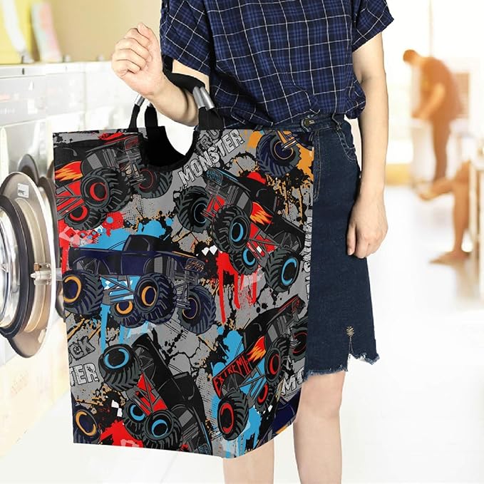 visesunny Large Capacity Laundry Hamper Basket Monster Truck Car Pattern Oxford Cloth Storage Baskets for Bedroom, Bathroom, Dorm, Kids Room