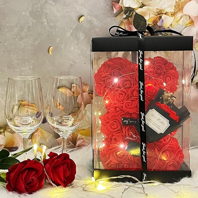 Romantic Valentines Day Gift for Her Rose Artificial Flower Rose Teddy Bear for Wife, Girlfriend Mother Daugther Women. Blind Box Gift for Christmas Birthday Wedding Anniversary (Red Bear)