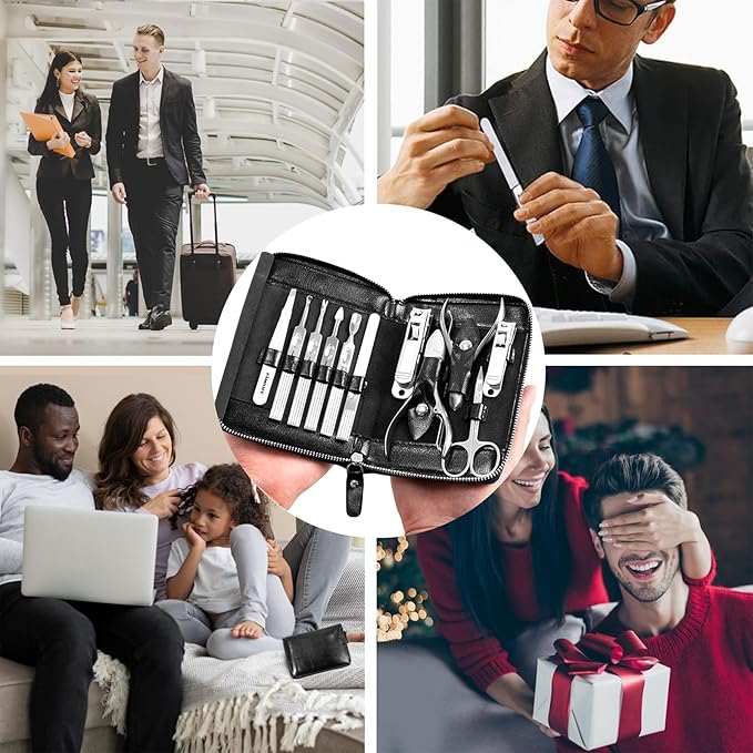 Manicure Kit, FAMILIFE Professional Manicure Set Nail Kit, 11 in 1 Stainless Steel Nail Clippers Set for Men Pedicure Kit, Men Grooming Kit with Portable Black Leather Travel Case Luxury Gifts for Him