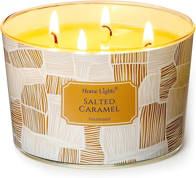 HomeLights Soy Wax Candles for Home Scented, 4-Wick Candles in Salted Caramel Scented, Rustic Modern Aromatherapy Candles Gift for Parties, Relaxing, 18oz