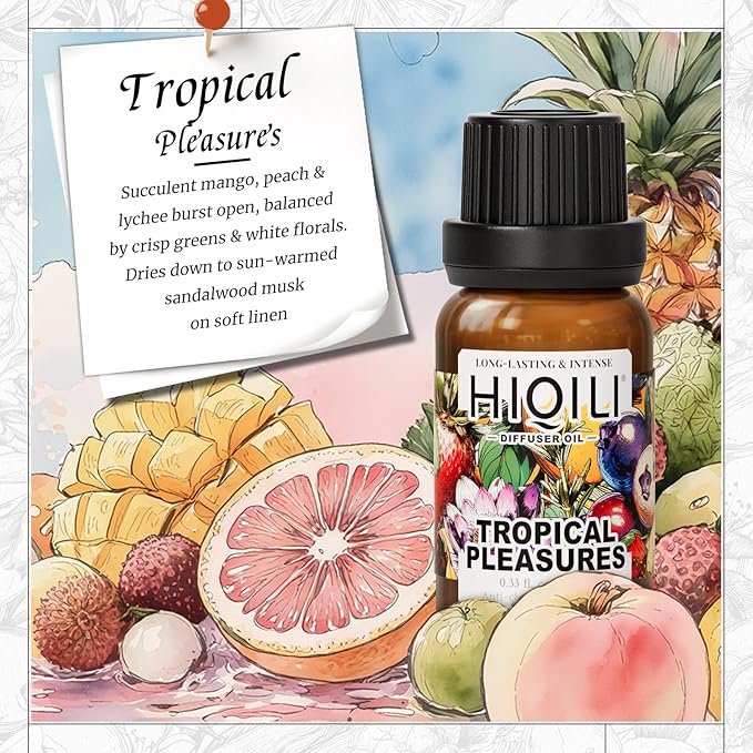 HIQILI Diffuser Oil for Humidifier & Reed Diffusers, Suitable for Home and Other Scenarios, Long Lasting Scent - Tropical Pleasures, 0.34 Fl Oz