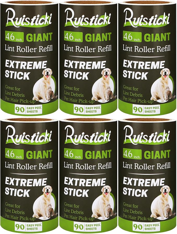 4.6 inch Lint Roller Refills Compatible with Evercare Giant Lint Rollers and T Handle Pet Hair Roller Extreme Stick 90 Sheets Each Refill Roll (Pack of 6, 540 Sheets Total)