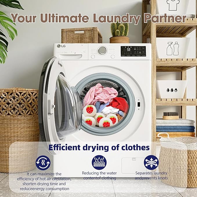 Wool Dryer Balls，New Zealand Wool Laundry Balls for Dryer (Pack of 6, Strawberry Handmade Pattern)，Softens Clothes,Naturally Reduces Drying Time and Static Electricity