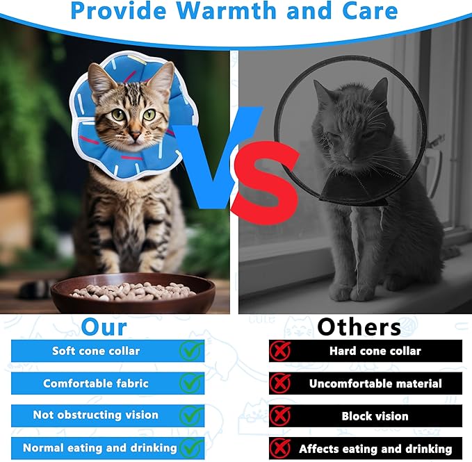 Soft Adjustable Cat Cone Collar, Comfortable Cat Recovery Collar Suitable for Various Types of Cats,Elizabethan Neck Protective Collar for Cats After Surgery (Blue Stripe, Large)