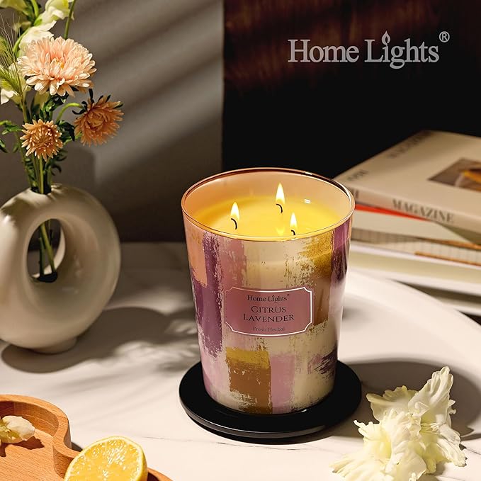 HomeLights Citrus Lavender Scented Candles | 34oz Soy Candles Scandinavian Minimalist Design 3-Wick Large Candle Jars | Ideal Candle Gifts for Events, Home Decor Stress, Relief & Relaxation