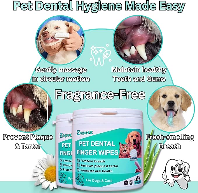Pet Dental Finger Wipes for Dogs & Cats – Dog Tooth Wipes & Toothbrush Alternative – Easy Teeth Cleaning to Reduce Plaque, Tartar & Bad Breath – Vet-Approved Cat & Dog Oral Care (2 Pack).