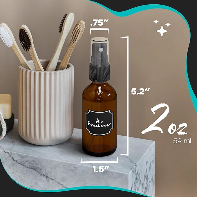 Nevlers 2 Oz Amber Glass Spray Bottles 48 Pack | Empty Spray Bottles Small Set w/Shrink Wrap, Funnel, Brush & Labels| Amber Glass Bottle Sprayer For Use as Travel Cologne Sprayer & Perfume Bottle