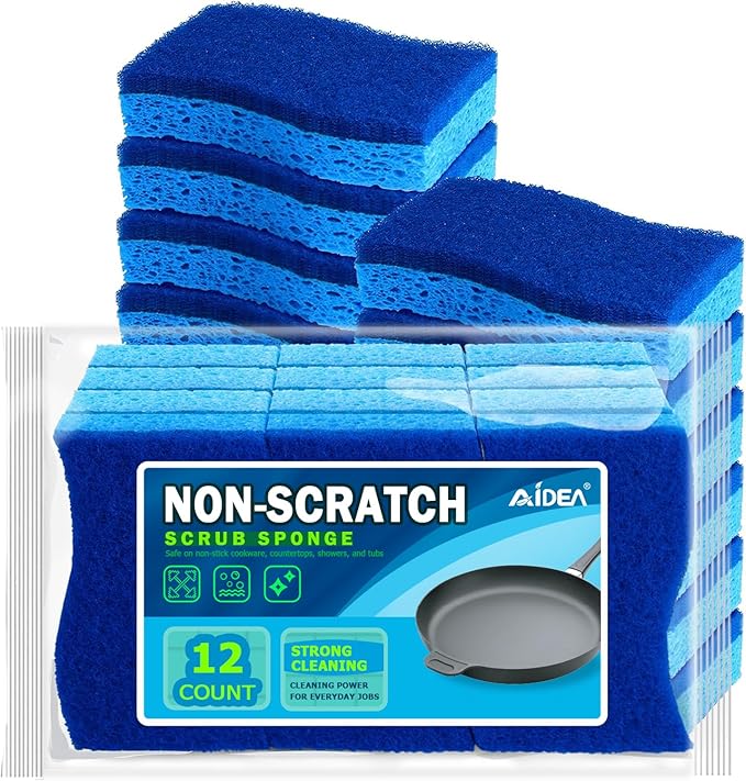AIDEA Sponges Kitchen, Non Scratch Scrub Sponge, 12Count, Sponges for Non Stick Cookware, Cleaning Sponge for Dishes, Cleans Fast Without Scratching, Cleaning Power for Kitchen, Bathroom, Household