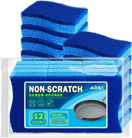 AIDEA Sponges Kitchen, Non Scratch Scrub Sponge, 12Count, Sponges for Non Stick Cookware, Cleaning Sponge for Dishes, Cleans Fast Without Scratching, Cleaning Power for Kitchen, Bathroom, Household