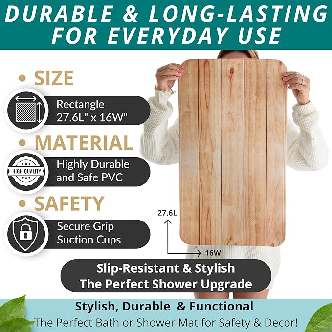ENKOSI Bath Mat for Tub and Shower Floors - Non Slip Shower Mat – Anti Slip Bathtub Mat with Strong Suction Cup Grip – Soft, Wood Design Bathroom Mat for Inside Bath and Showers (28x16 Wood Teak)