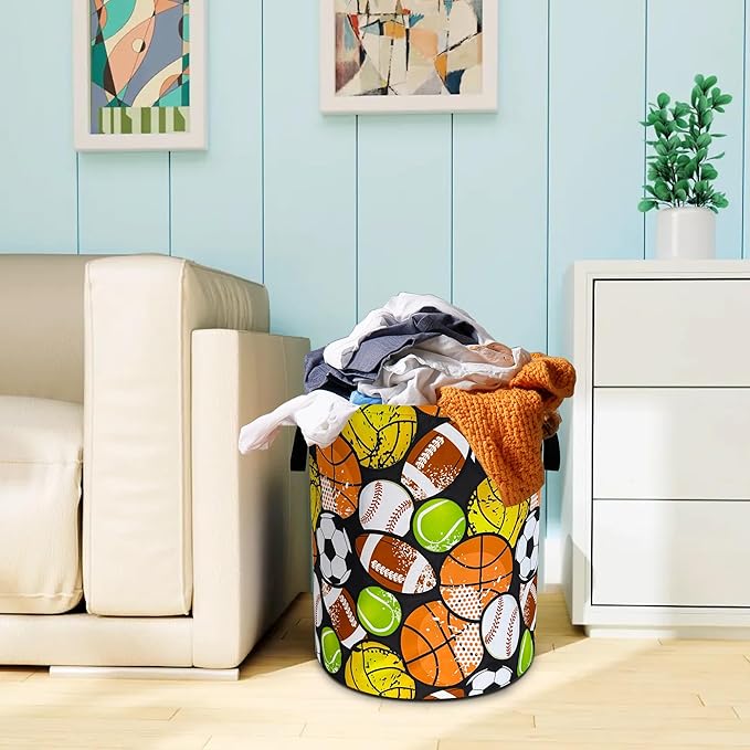 Ball Games Laundry Basket Oxford Cloth Sports Laundry Hamper With Handle Foldable Portable Clothes Storage Basket 18.9 X 16.5 In Storage Bag For Laundry Room/Bathroom/Bedroom/Dormitories