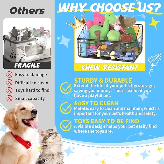 Indestructible Dog Toy basket, Small Toy Box for Dogs, Pet Toy Bin Dog Metal Basket for Toys, Toy Storage Organizer, Cat Toy Box for Living Room Area(Black)