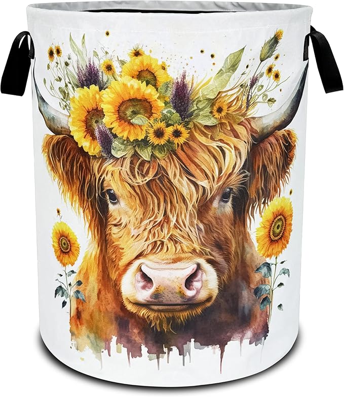 Highland Cow Sunflower Laundry Basket Flowers Foldable Oxford Cloth Funny Tote Bag Laundry Hamper Clothes Storage Bucket Toy Organizer For Bathroom/Laundry Storage/Bedroom 18.9x16.5 Inch
