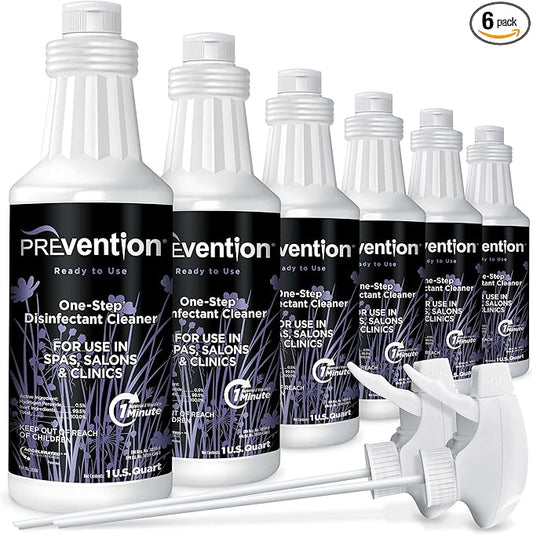 Prevention Ready-To-Use Disinfecting Cleaner – Hospital Grade Disinfectant Spray Solution for Salons, Spas, Clinics, Surfaces – Sanitizing Solution & Two Reusable Sprayers – 32oz Bottle (6 Pack)