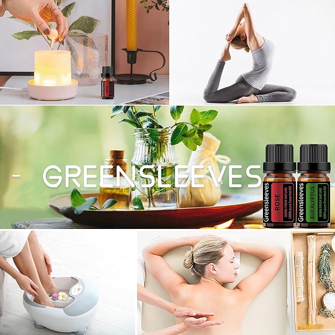 GREENSLEEVES Rose Eucalyptus Essential Oil Set, 2 x 10ml Pure Plant-Based Fragrance Oil for Aromatherapy, Essential Oils for Diffuser, Massage, Bath Bomb, Scented Candle Soap Making