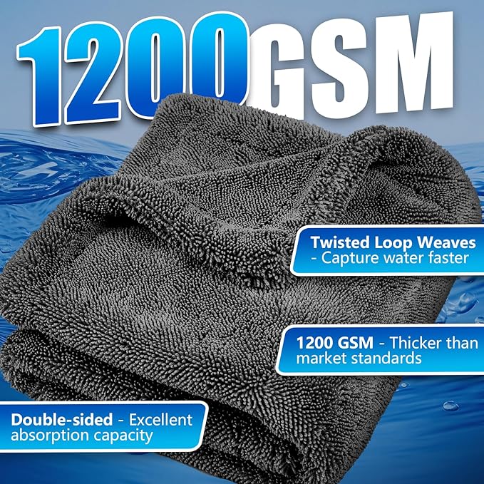 Airlab Car Drying Towel Microfiber Towels for Cars 1200 GSM Wash Auto Detailing Supplies Twist Pile Cleaning Cloth Absorbent Quick Dry Soft Loop Dry Flash Towel, 24 x 16 Inch, Pack of 1, Grey