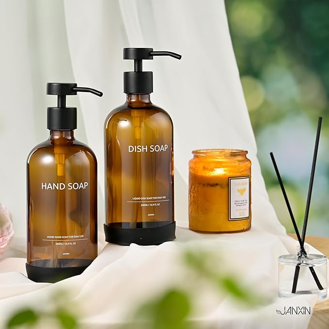 Soap Dispenser Set with Non-Slip Protective Silicone Pad,Hand Soap Dispenser for Bathroom Decor, Amber Kitchen Accessories (Amber Bottles + Black Pumps)