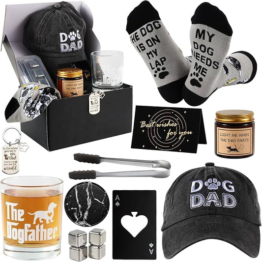 14 Pieces Dog Dad Gifts for Dad for for Men, Dog Gifts for Dog Lovers Including Whiskey Set Socks Keychain Hat Bottle Opener Greeting Cards Sented Candle