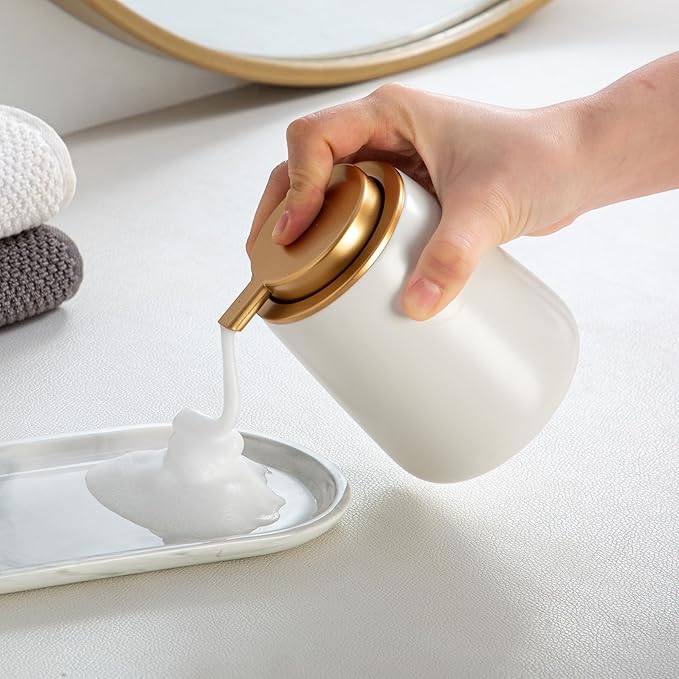 Enra Foaming Soap Dispenser,12 oz Beige Ceramic Modern Poam Hand Soap Dispenser for Bathroom,Kitchen with Easy-to-Press Pump (White Poam Gold Pump)
