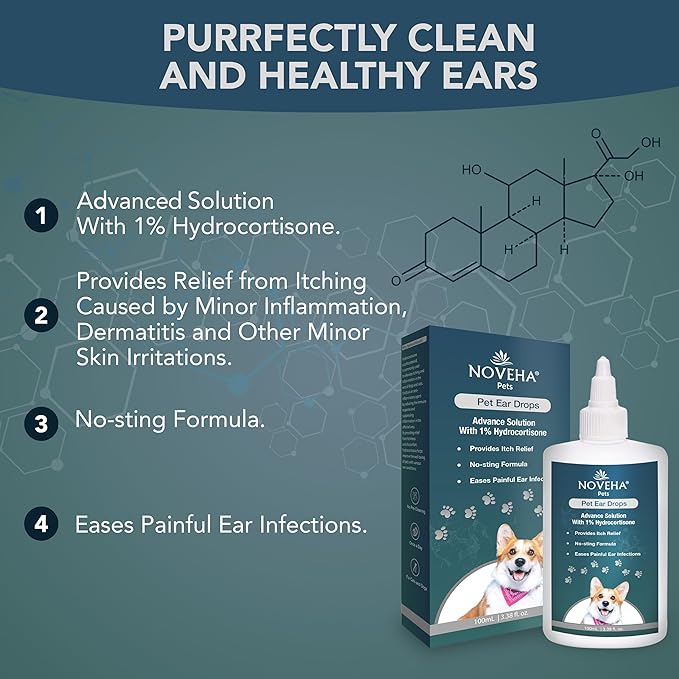 NOVEHA Pet Ear Drops with 1% Hydrocortisone | Ear Cleaner for Dogs & Cats for Earwax buildup, No-Sting Formula, Calms Itch & Reduces Painful Ear Infections 60mL (60ml (Pack of 2))
