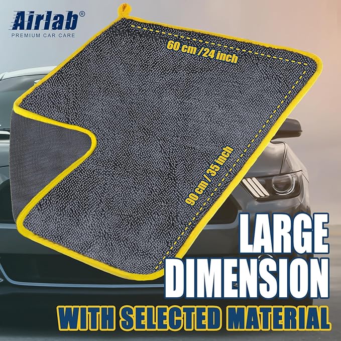 Airlab Microfiber Towels for Cars Wash Drying Extra Large Super Absorbent Cleaning Cloth Auto Detailing Ultra Soft, Lint-Free, Streak-Free, 35 x 24 Inch, Pack of 1, Grey-Yellow, 600 GSM