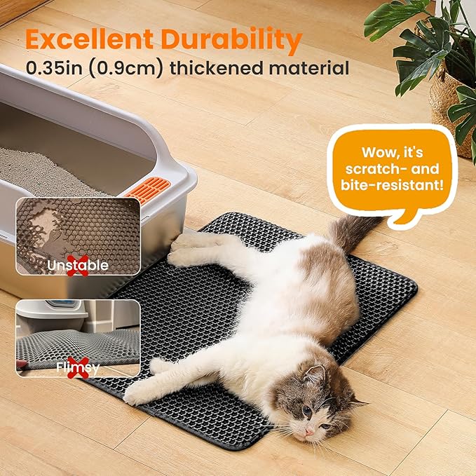 Cat Litter Mat, 24x18 Inches Large Double Layer Honeycomb Cat Litter Trapping Mat, Non Slip Waterproof Urine Proof Cat Litter Box Mat for Floor, Kitty Litter Rug, Cat Supplies, Black