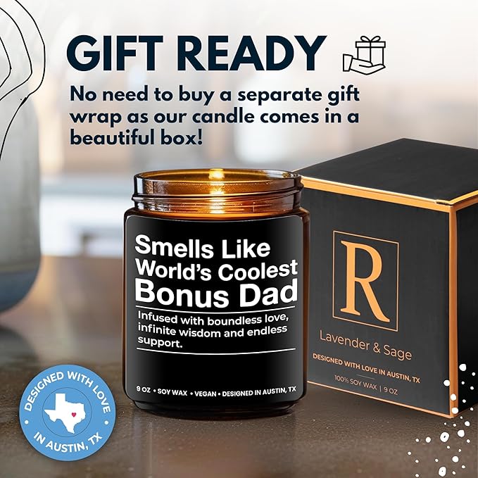 World's Coolest Bonus Dad Candle, Unique Sentimental Father's Day & Birthday Gift for Step Dad, Thoughtful Gifts for Father in Law, Best Presents for Birthday, Christmas, Special Occasions, Gift Ready