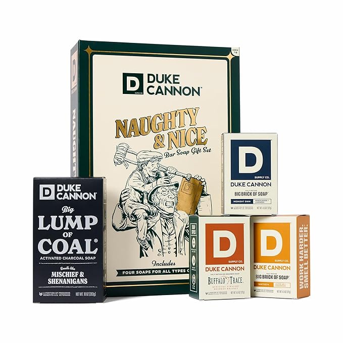 Duke Cannon Men’s Holiday Soap Gift Set – Lump of Coal 10 oz Bar + 3 Junior Bars (American Bourbon, Sawtooth, Midnight Swim) – Christmas Gift, Stocking Stuffer, Grooming Set for Men